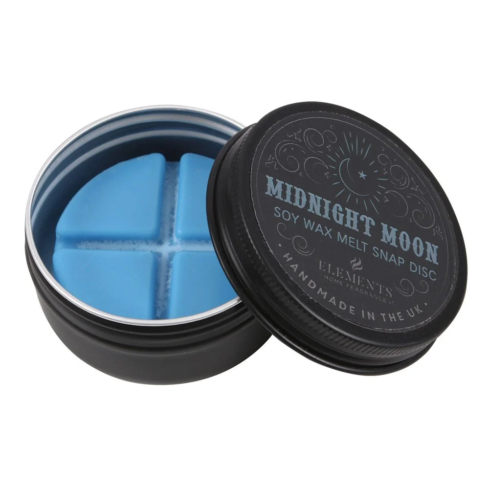 Midnight Moon soy wax melt snap disc in black tin with four segmented sections for long-lasting fragrance