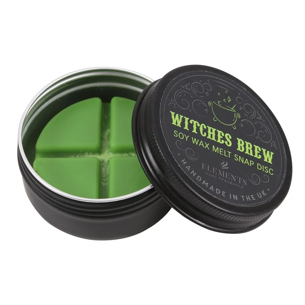 Witches Brew soy wax melt disc in a round tin, divided into four sections, with gothic-themed packaging design