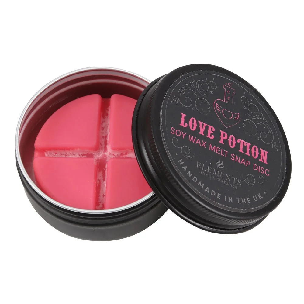 Love Potion wax melt snap disc in a black tin with Gothic-style label and four segmented soy wax sections