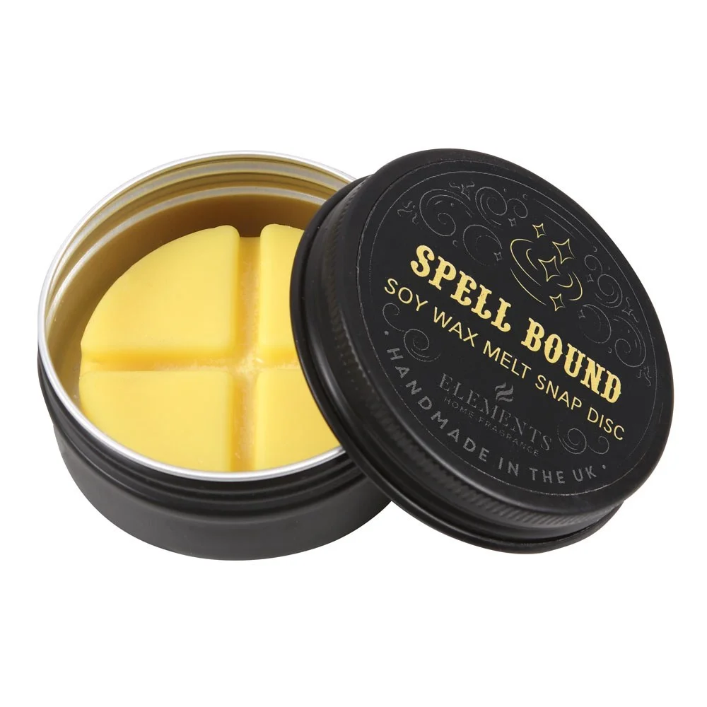 Spell Bound soy wax melt disc in a black tin with Gothic-style label, divided into four sections for easy use