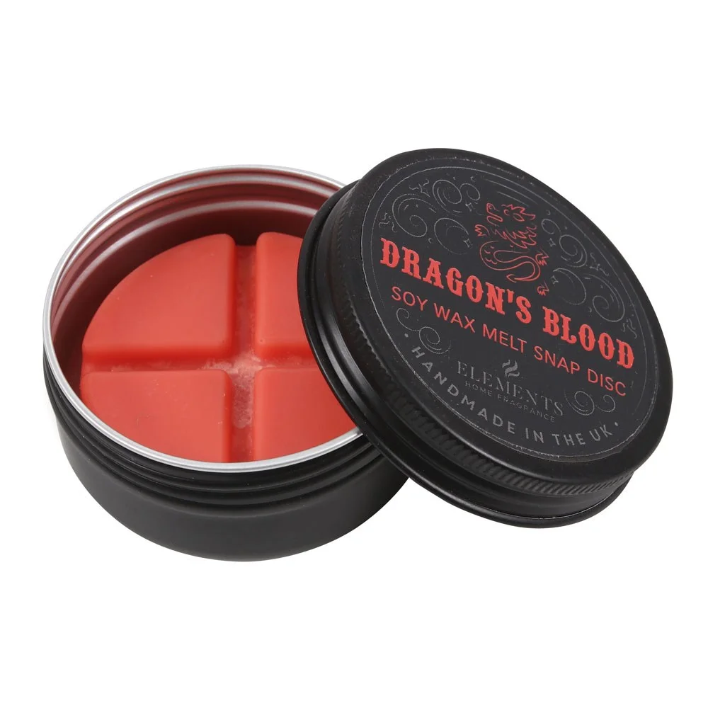 Dragon's Blood wax melt snap disc in round tin, divided into four sections, Gothic style packaging with floral chypre scent details
