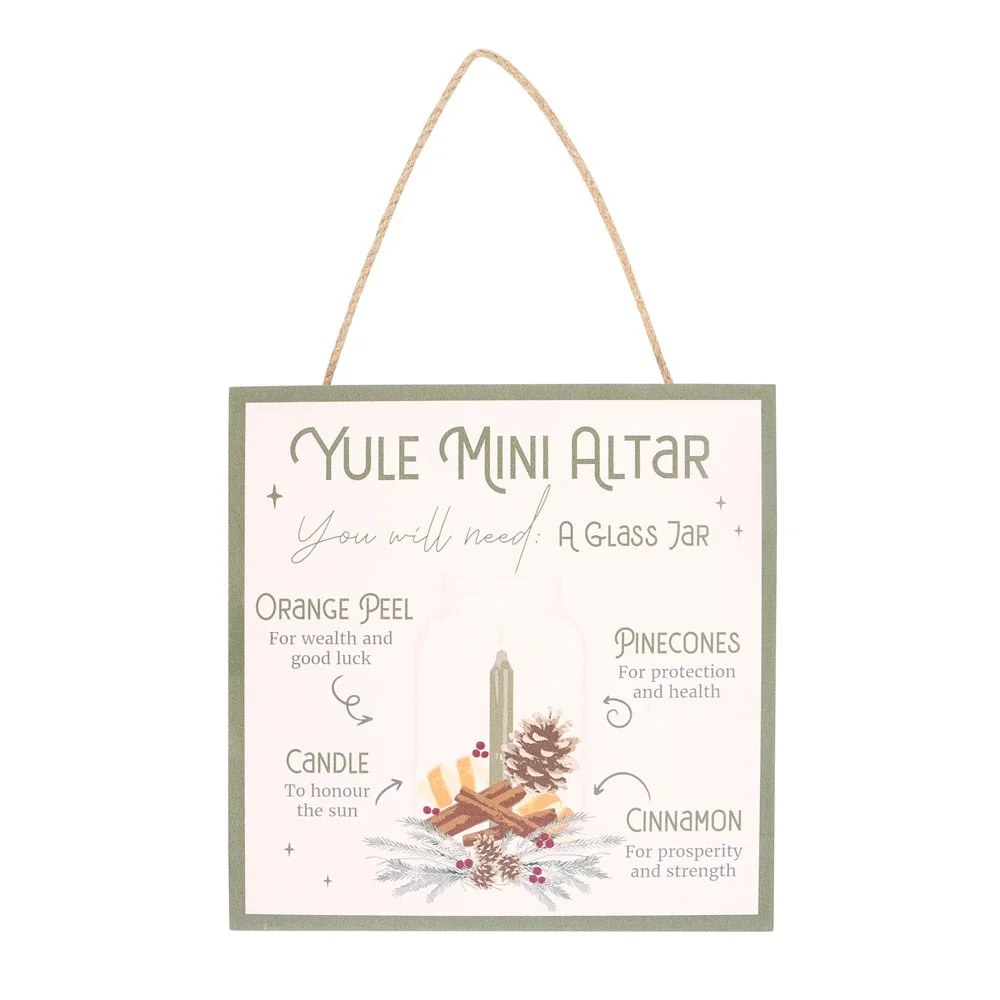 20cm painted MDF Yule altar hanging sign featuring orange peel, pinecones, cinnamon, and candle for Winter Solstice