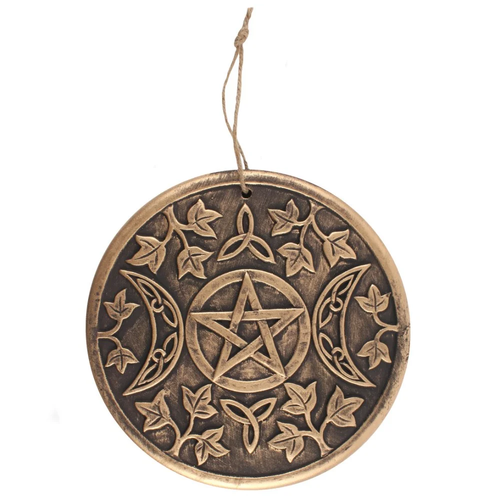 Bronze terracotta moon plaque with triple moon design and copper effect finish hanging by twine loop