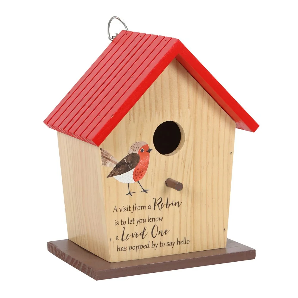 Bamboo bird house with a robin design and heartfelt memorial text, measuring 20.5cm tall by 16.5cm wide