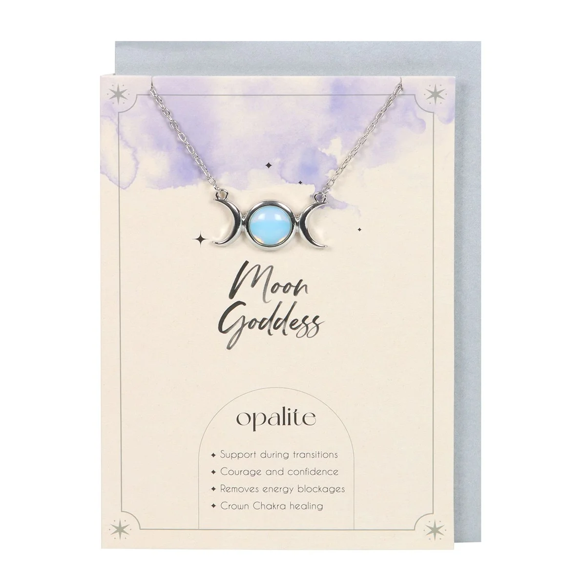 Silver-tone opalite moon necklace with triple moon pendant on 22cm chain displayed on greeting card background