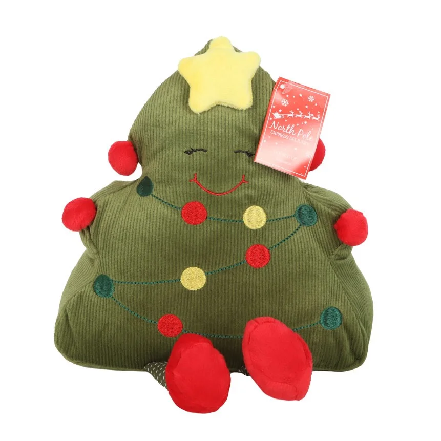 Smiling Christmas tree doorstop with festive decorations, designed to keep doors open and draughts out at Christmas