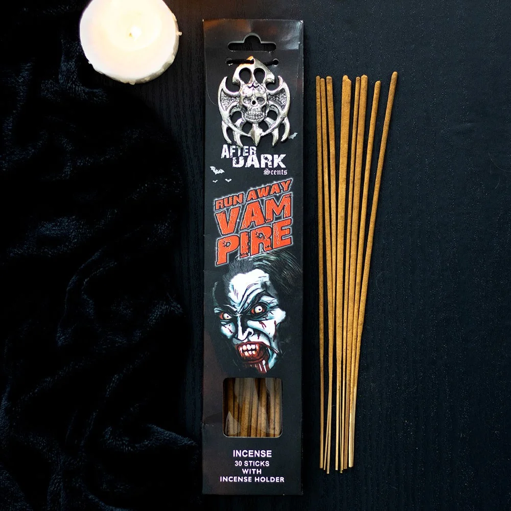 Run Away Vampire incense sticks with metal holder, sandalwood scent, gothic After Dark collection display