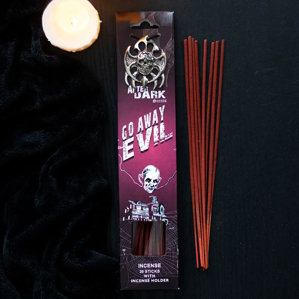 Go Away Evil incense sticks with metal holder, 30 rose-scented sticks from After Dark gothic collection