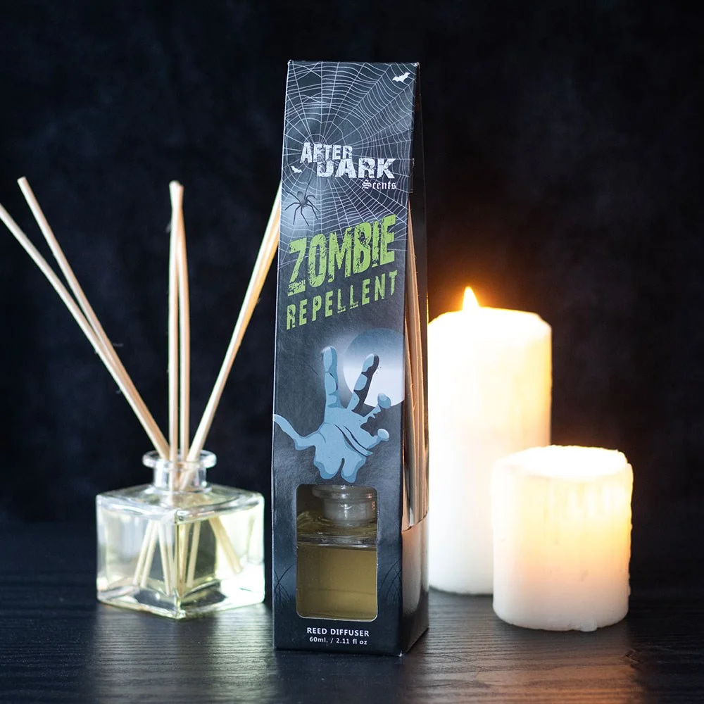 Zombie repellent reed diffuser with black bottle and natural reeds, part of After Dark gothic fragrance collection