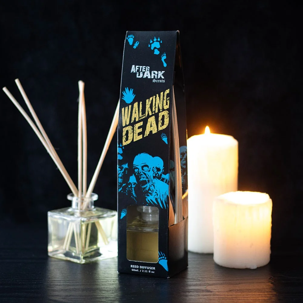 Walking Dead reed diffuser with black bottle, wooden sticks, and lavender fragrance oil from After Dark collection