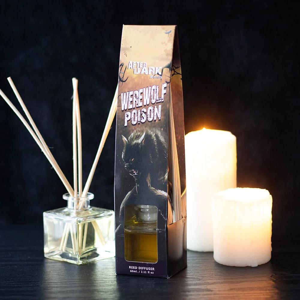 Werewolf reed diffuser with black bottle, wooden sticks, and gothic After Dark collection packaging with vanilla scent label
