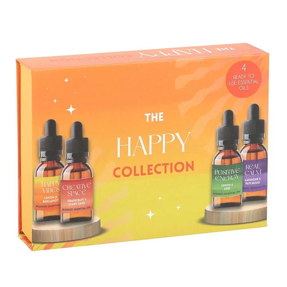 Four 10ml bottles of blended essential oil set with droppers, featuring lemon, bergamot, grapefruit, sage, lavender scents