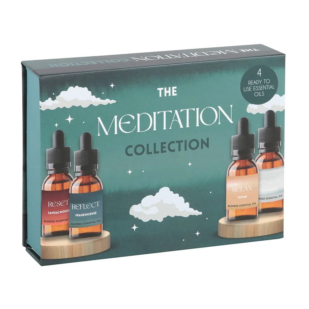 Four 10ml bottles with droppers in a blended essential oil set from The Meditation Collection on a white background