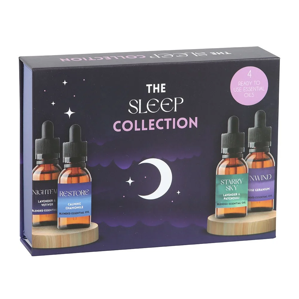 Four 10ml bottles with droppers from The Sleep Collection blended essential oil set showing lavender, chamomile, patchouli, and rose scents