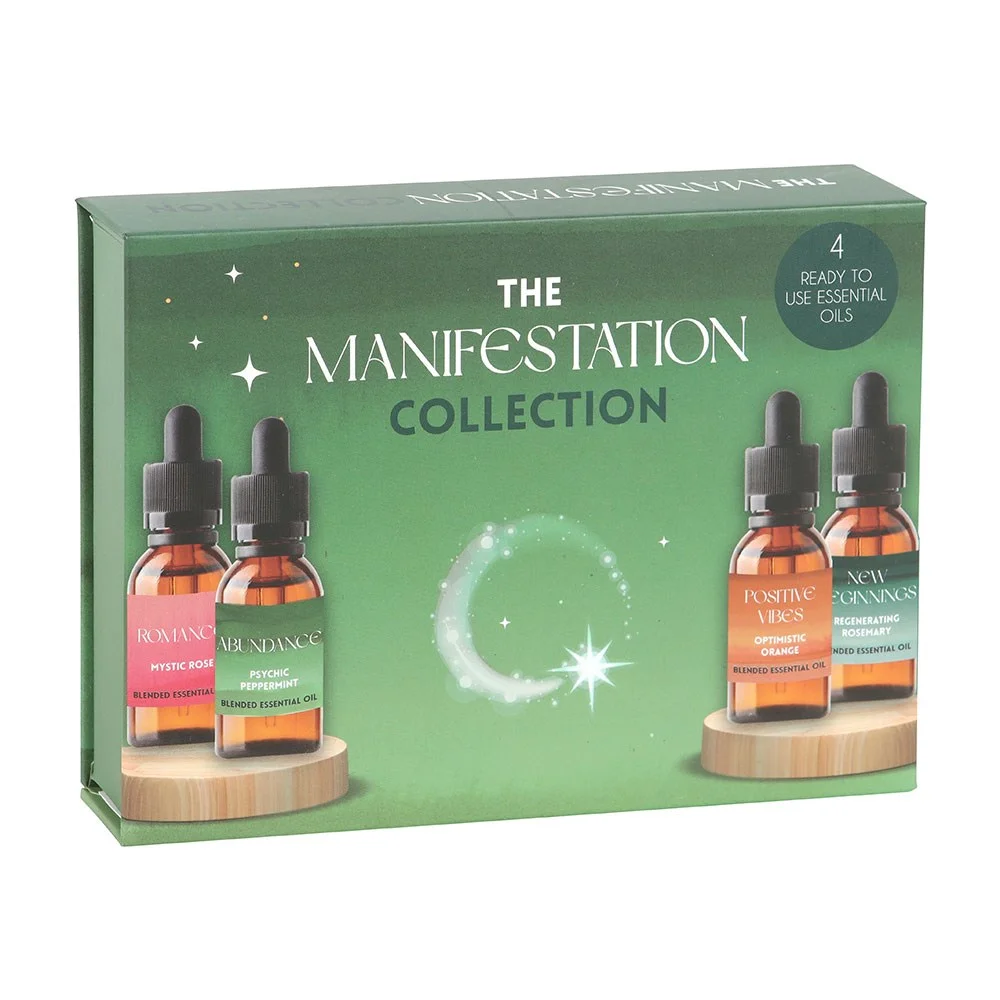 Four 10ml bottles of blended essential oil set with dropper lids, labeled Romance, Abundance, Positive Vibes, New Beginnings