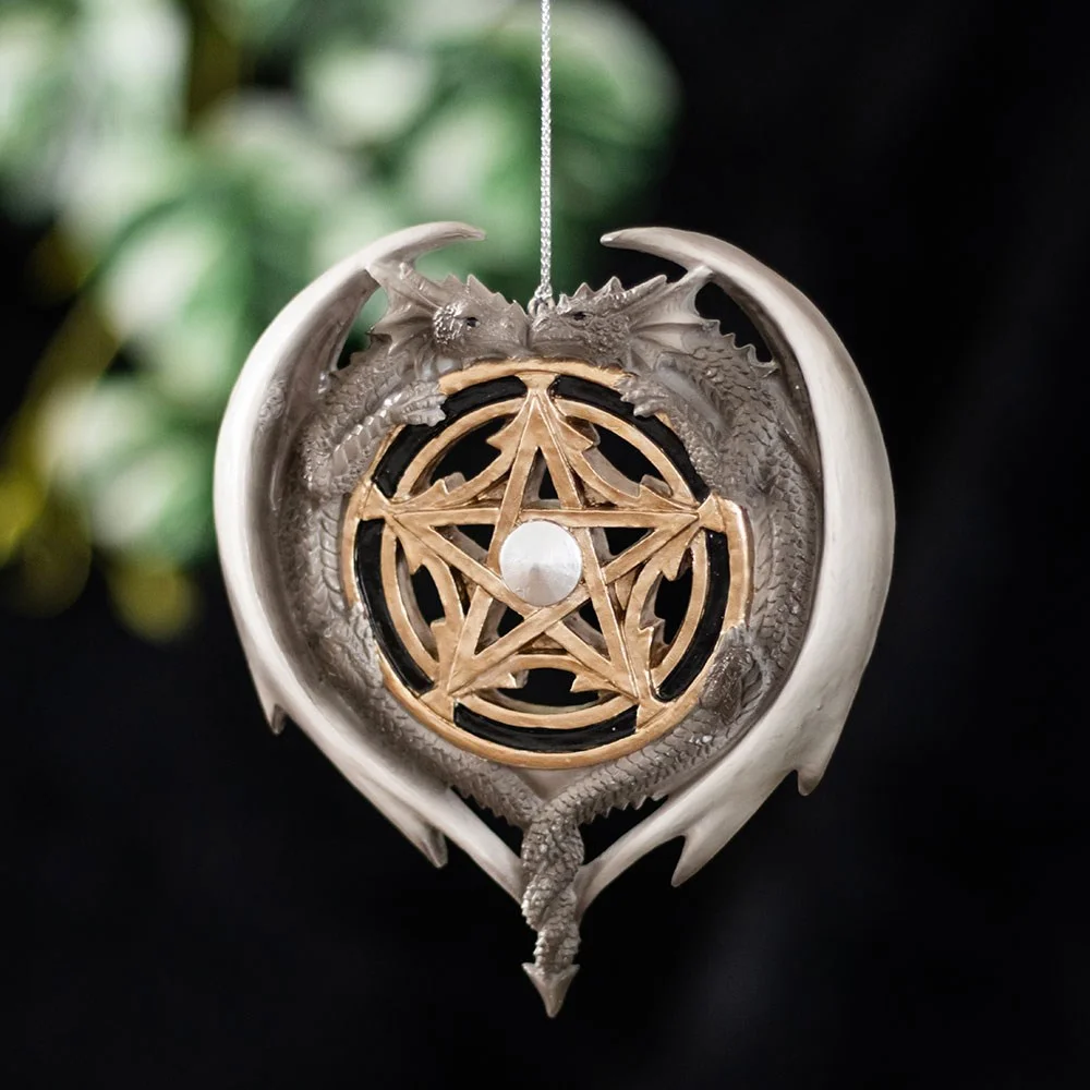 Dragon hanging ornament with two dragons encircling a pentagram, designed by Anne Stokes, with hanging loop attached