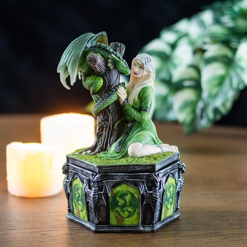 Intricately detailed dragon resin box featuring Anne Stokes' Kindred Spirits artwork, representing summer season design