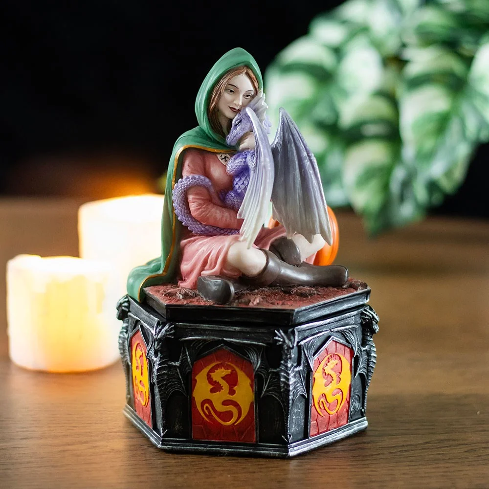 Intricately detailed dragon resin box featuring Anne Stokes' Safe Haven dragon artwork, autumn-themed with warm tones