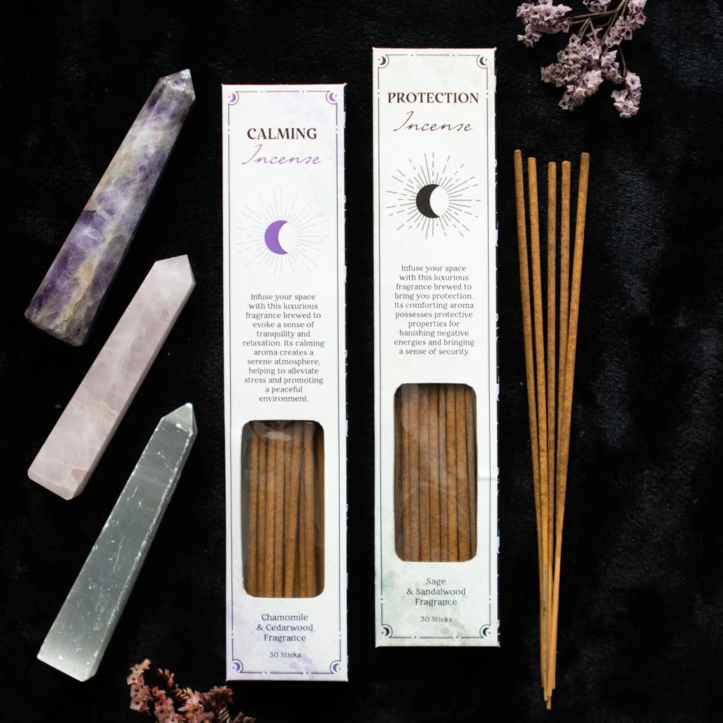 Set of 2 calming incense sticks packs with chamomile cedarwood and sage sandalwood fragrances, 30 sticks each in boxes