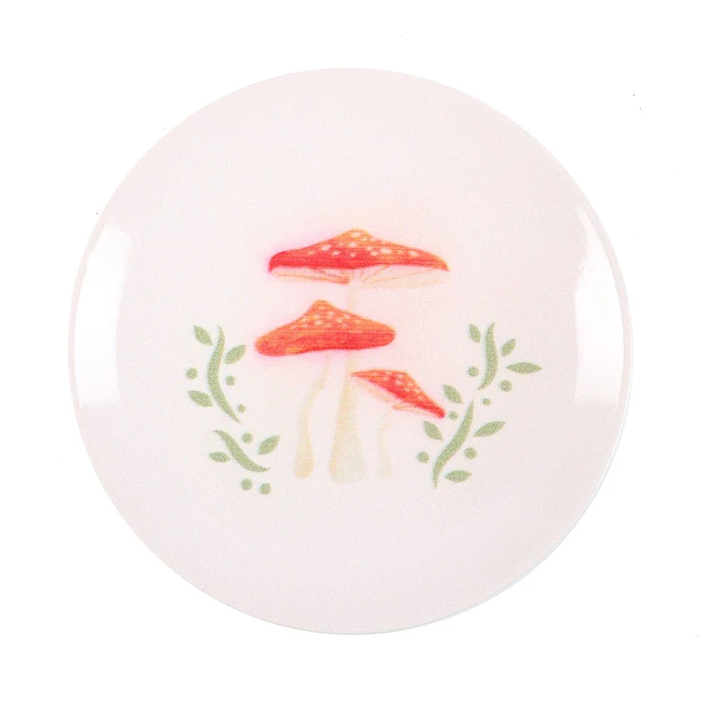 Round mushroom trinket dish with delicate illustration of three red-spotted mushrooms, ideal for jewellery or keys