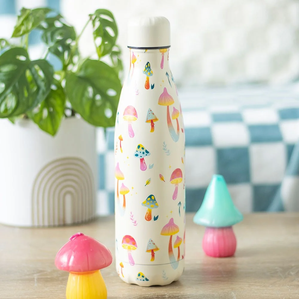 500ml metal water bottle with colorful funky mushroom print and screw-top lid against white background