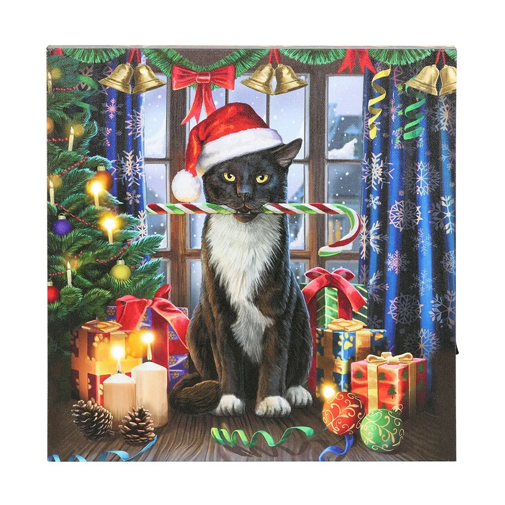 Square 30x30cm light up canvas plaque featuring Lisa Parker’s festive Krampuss cat artwork with LED details