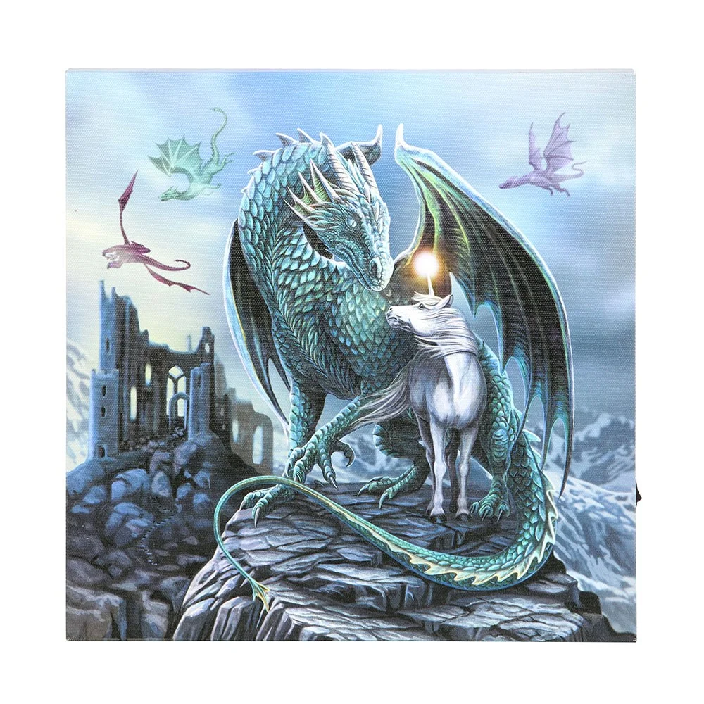 Square light up canvas plaque featuring Lisa Parker’s unicorn and dragon artwork with LED lighting details