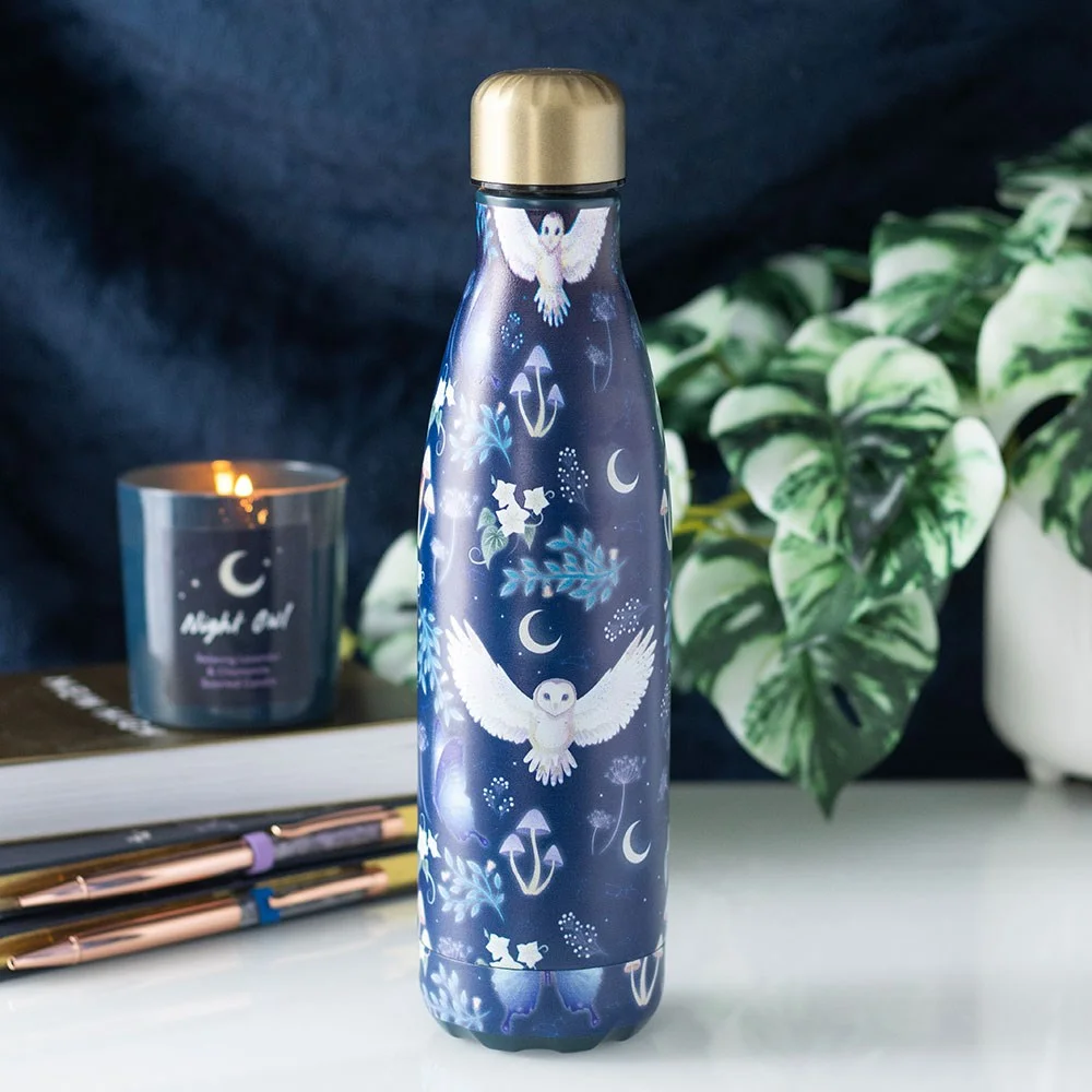 Navy-blue metal water bottle with night owl and crescent moon design, gold screw-top lid, 500ml capacity