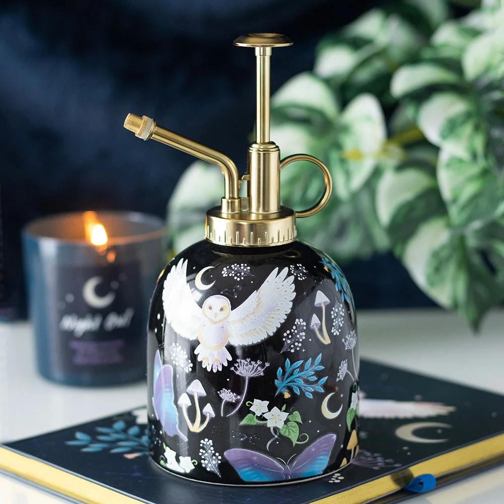 Ceramic plant mister with gold detailing featuring night owls, moths, moons, and forest plants, 500ml capacity.