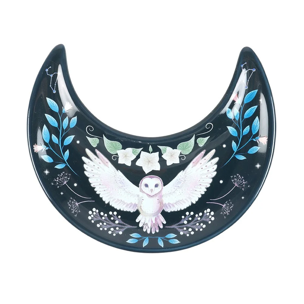 Ceramic crescent moon trinket dish with a flying night owl and forest plant design, ideal for jewellery storage