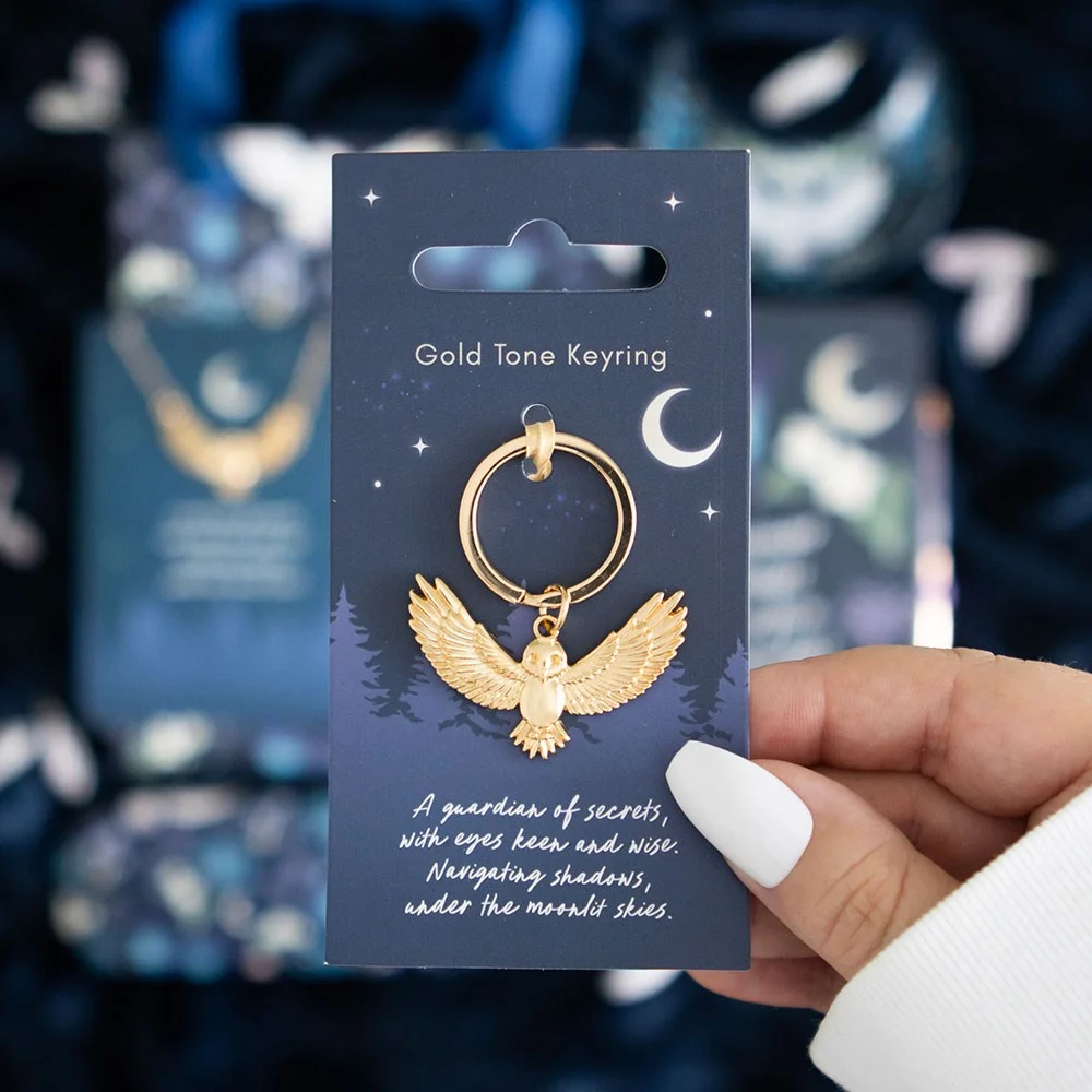 Gold-toned flying night owl keyring attached to a backing card with poetic text about secrets and moonlit skies