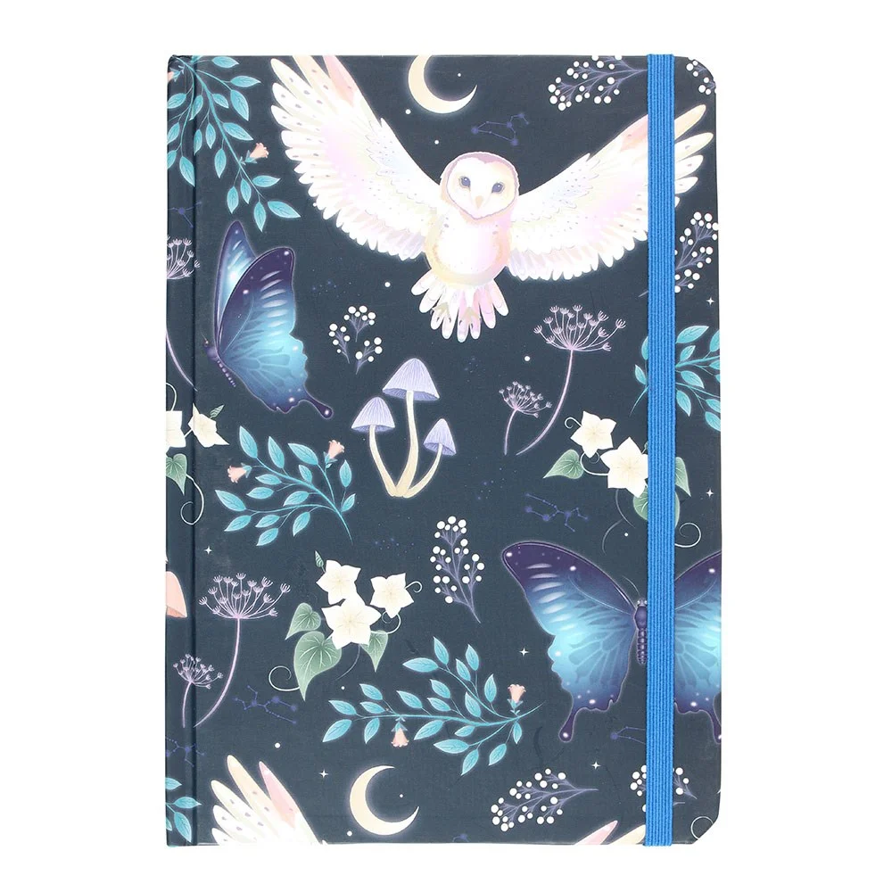 A5 notebook with a night owl, midnight moths, crescent moons, forest plants, gold foil edges, and blue elastic closure