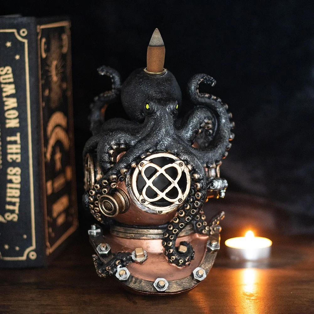 Kraken incense burner featuring a legendary kraken atop a vintage diver's helmet with backflow smoke effect