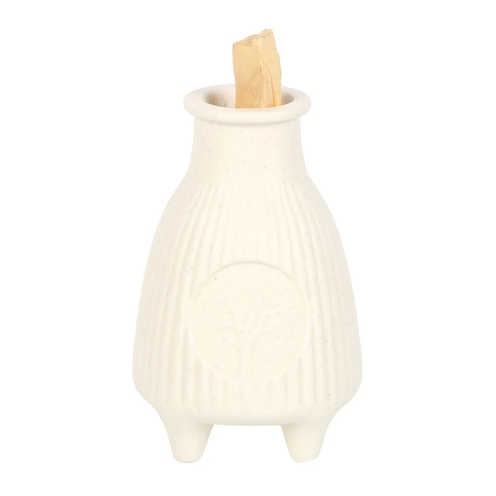 Cream ribbed ceramic Palo Santo burner with smooth curves, designed for burning Palo Santo sticks safely and stylishly