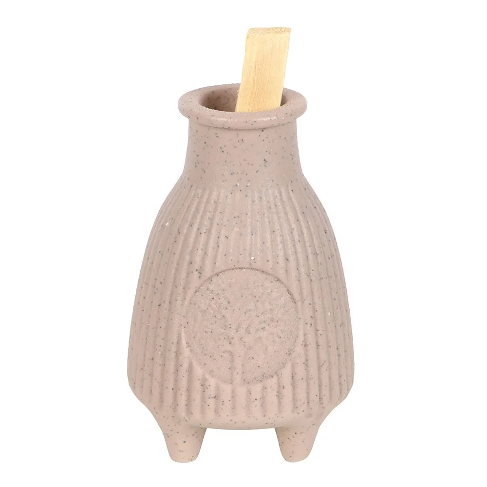 Greige ribbed ceramic Palo Santo burner with a modern textured design for burning Palo Santo safely and stylishly