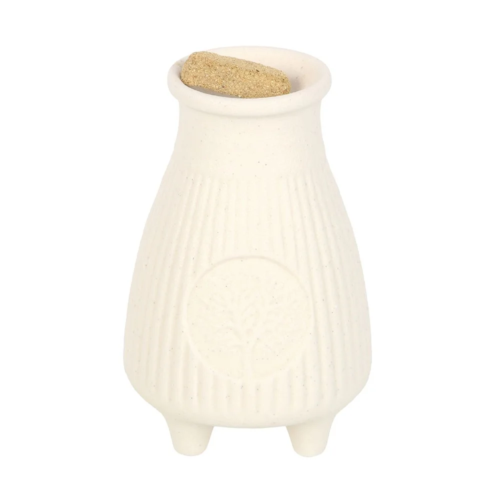 Cream ribbed ceramic Palo Santo burner with a rectangular shape, designed for burning Palo Santo incense bricks safely