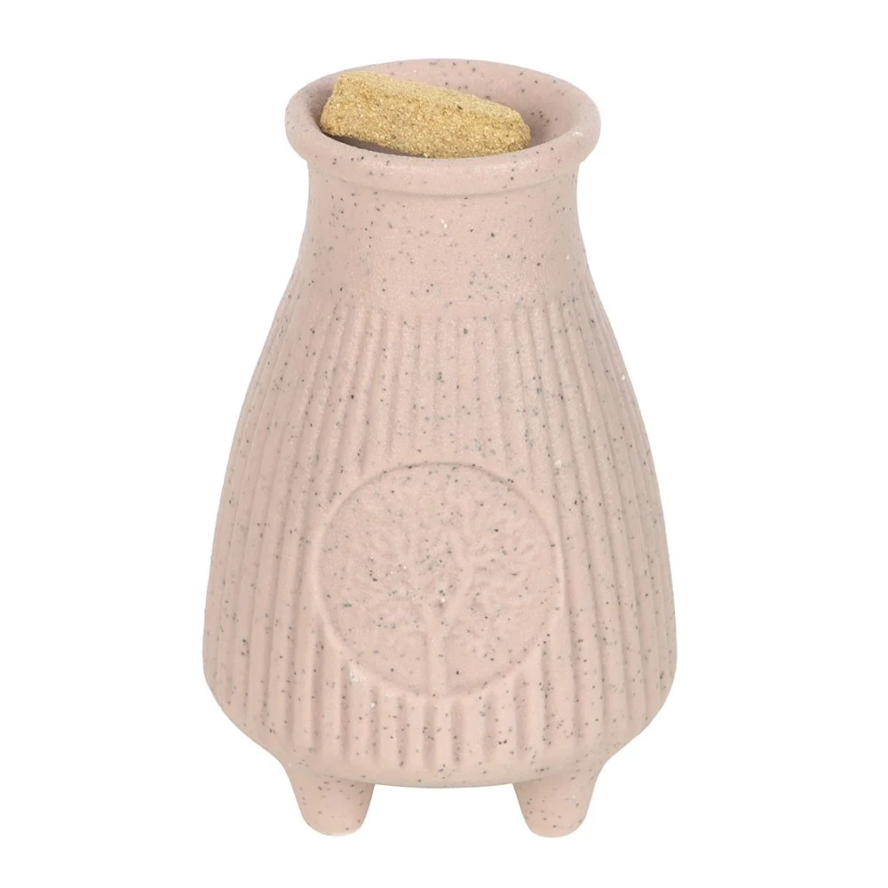 Greige ribbed ceramic Palo Santo burner shaped like a brick, designed for burning Palo Santo incense safely