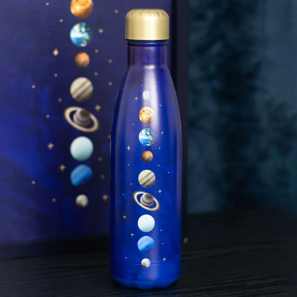 Blue 500ml solar system water bottle with 9 planets design and gold-toned screw-top lid on white background