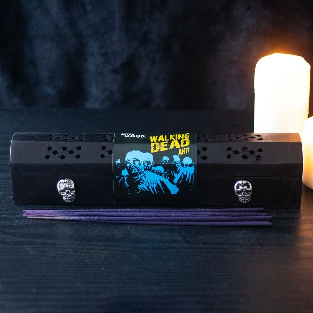 Walking Dead incense set with wooden box featuring silver skulls and 10 lavender-scented incense sticks inside