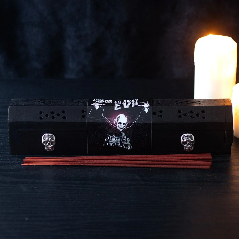 Wooden rose incense box set with silver skull accents, containing 10 rose-scented incense sticks and holder tray