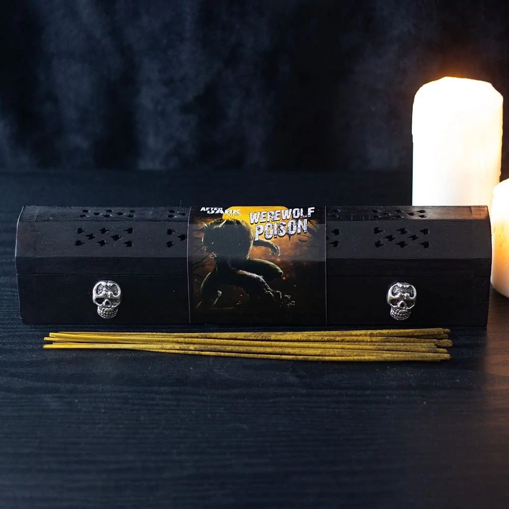 Werewolf incense box set with wooden box decorated with silver skulls and 10 vanilla-scented incense sticks inside