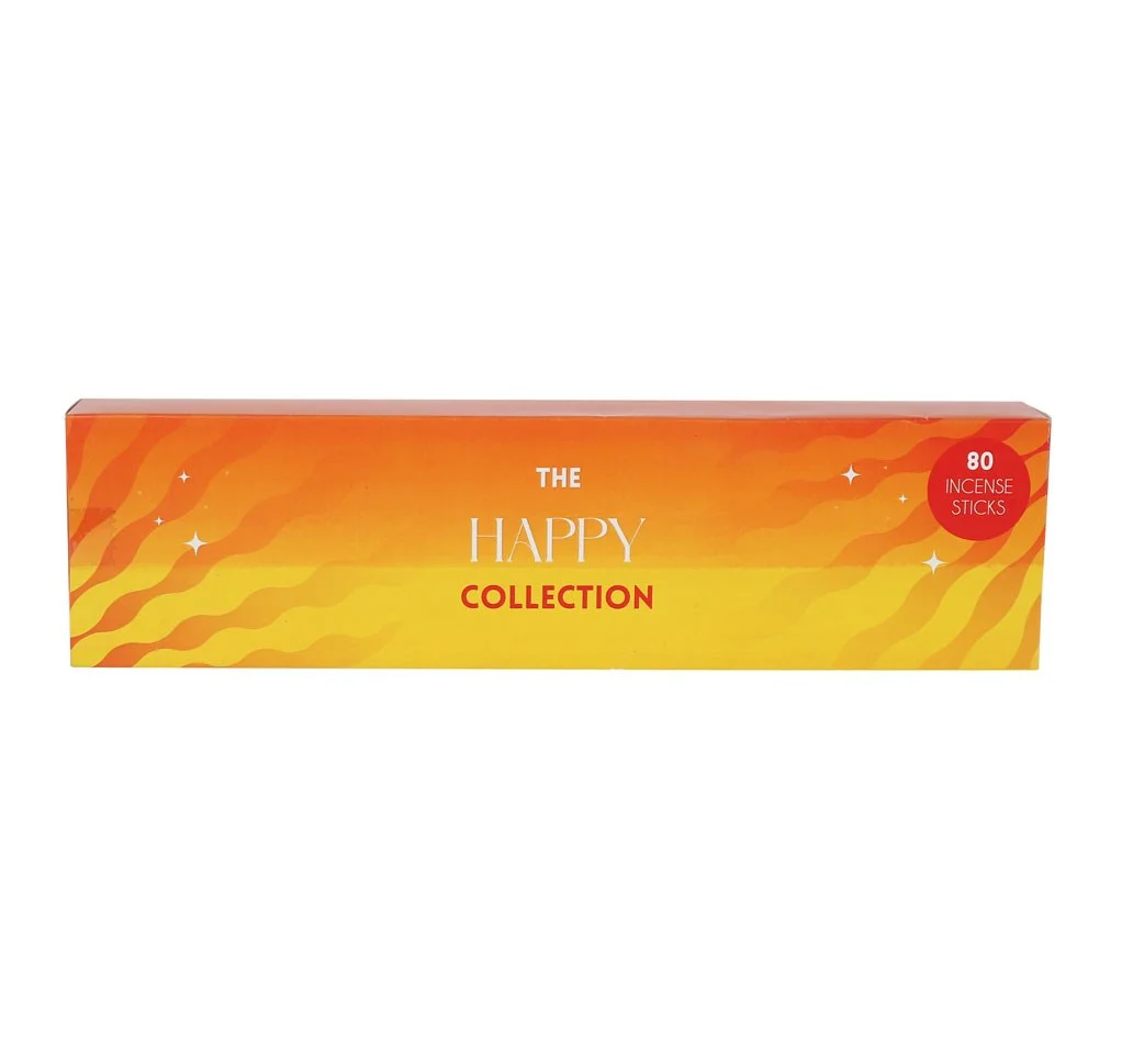 The Happy Collection incense stick set with four packs featuring lemon, bergamot, grapefruit, clary sage, lime, lavender, and patchouli scents