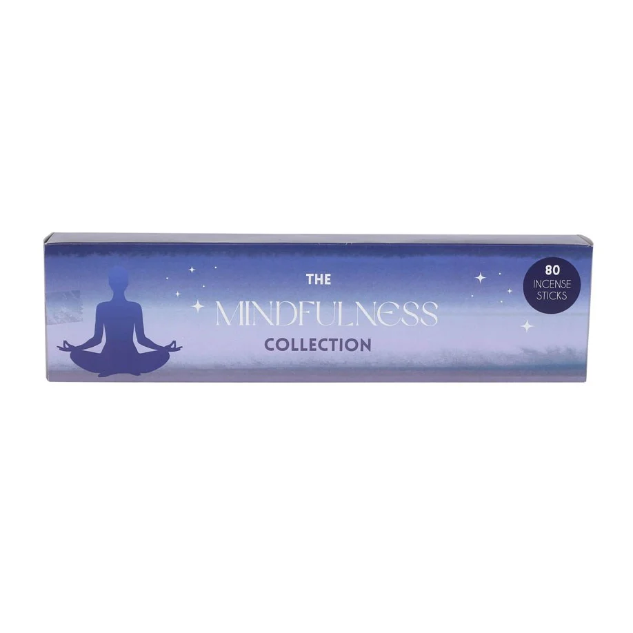 Four packs of mindfulness incense sticks with labels showing Gratitude, Kindness, Warmth, and Clarity scents on white background