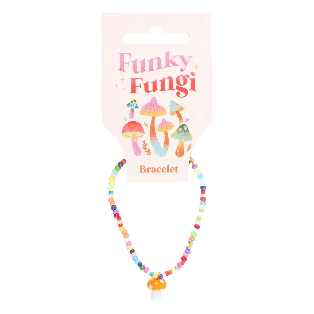 Orange mushroom charm bracelet with glass toadstool pendant on elasticated multi-colour beaded band with tag
