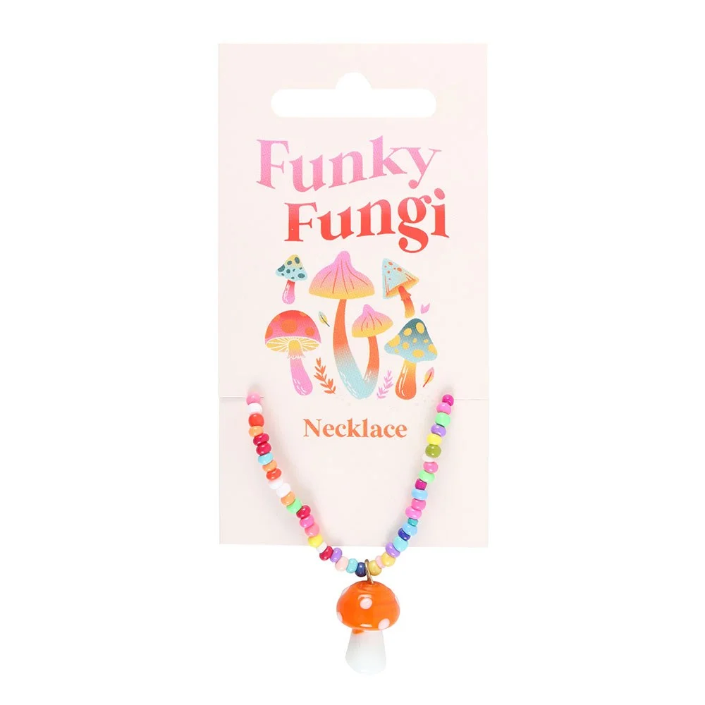 Orange mushroom necklace with glass toadstool pendant on multi-colour beaded chain and matching tag