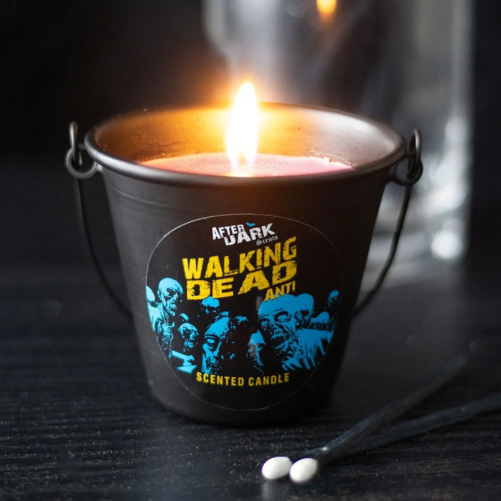Walking Dead scented candle in a metal bucket holder with lavender scent, part of After Dark gothic collection