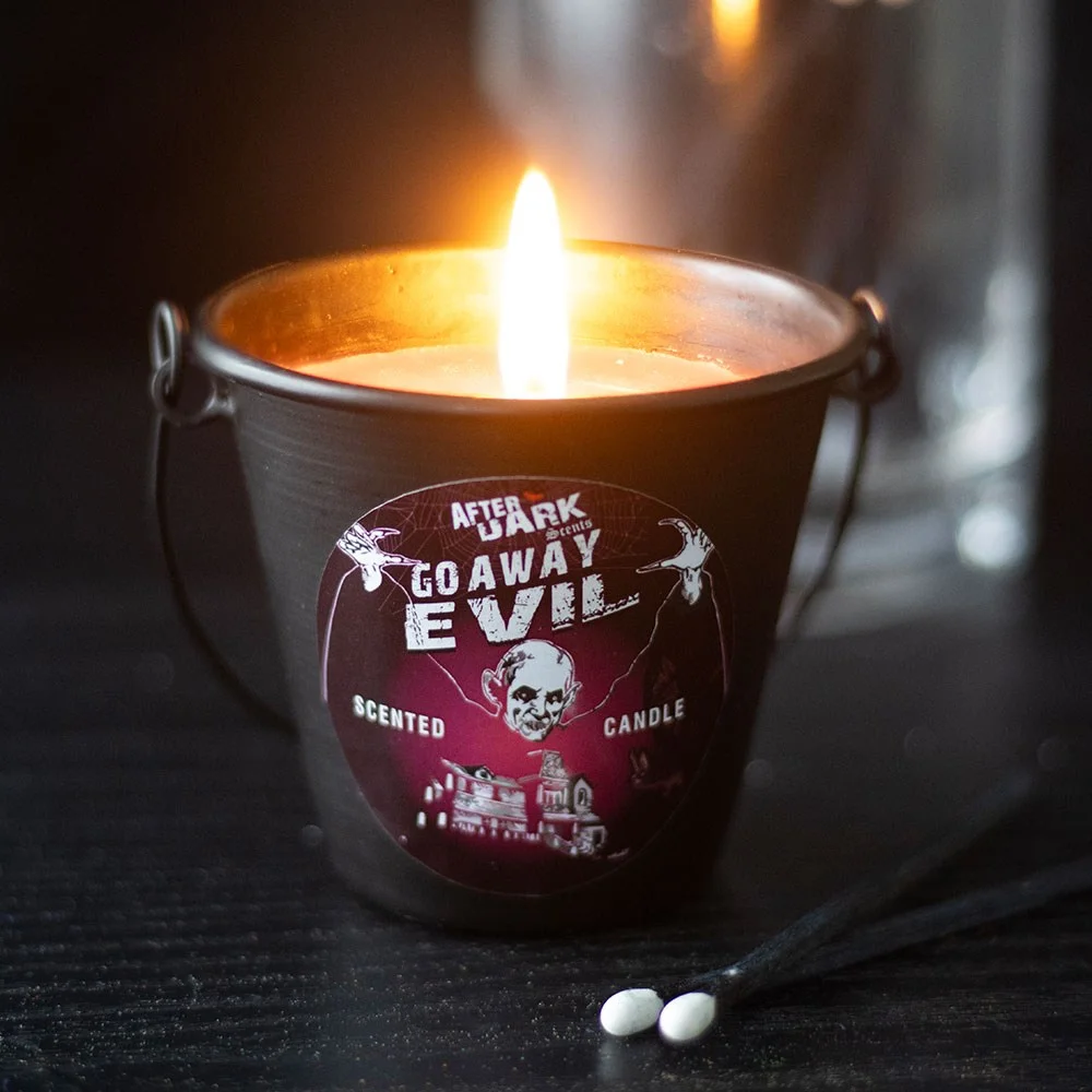 Go Away Evil scented candle bucket in metal holder with rose fragrance, part of gothic After Dark collection, 20-hour burn time