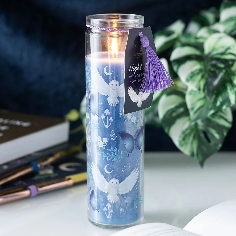 Lavender tube candle in a glass jar with mystical forest design on the label, ideal for home decor and relaxation