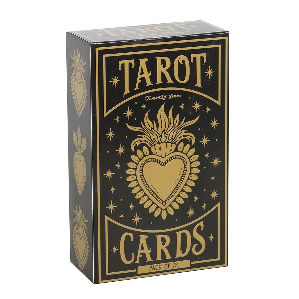 Flat open set of sacred heart tarot cards, 78 cards with graphic sacred heart and traditional illustrations, instructions included.