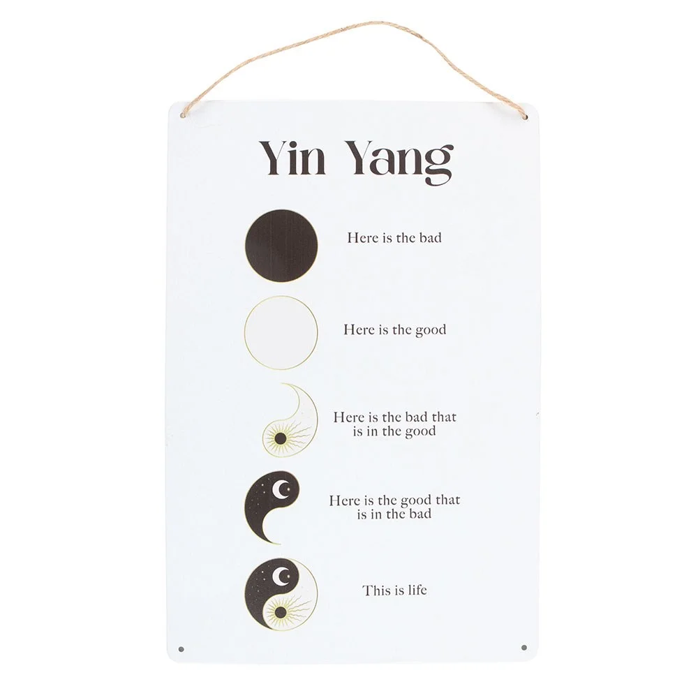 30cm round Yin Yang metal sign in black and white, hanging with a string, symbolizing balance and harmony.